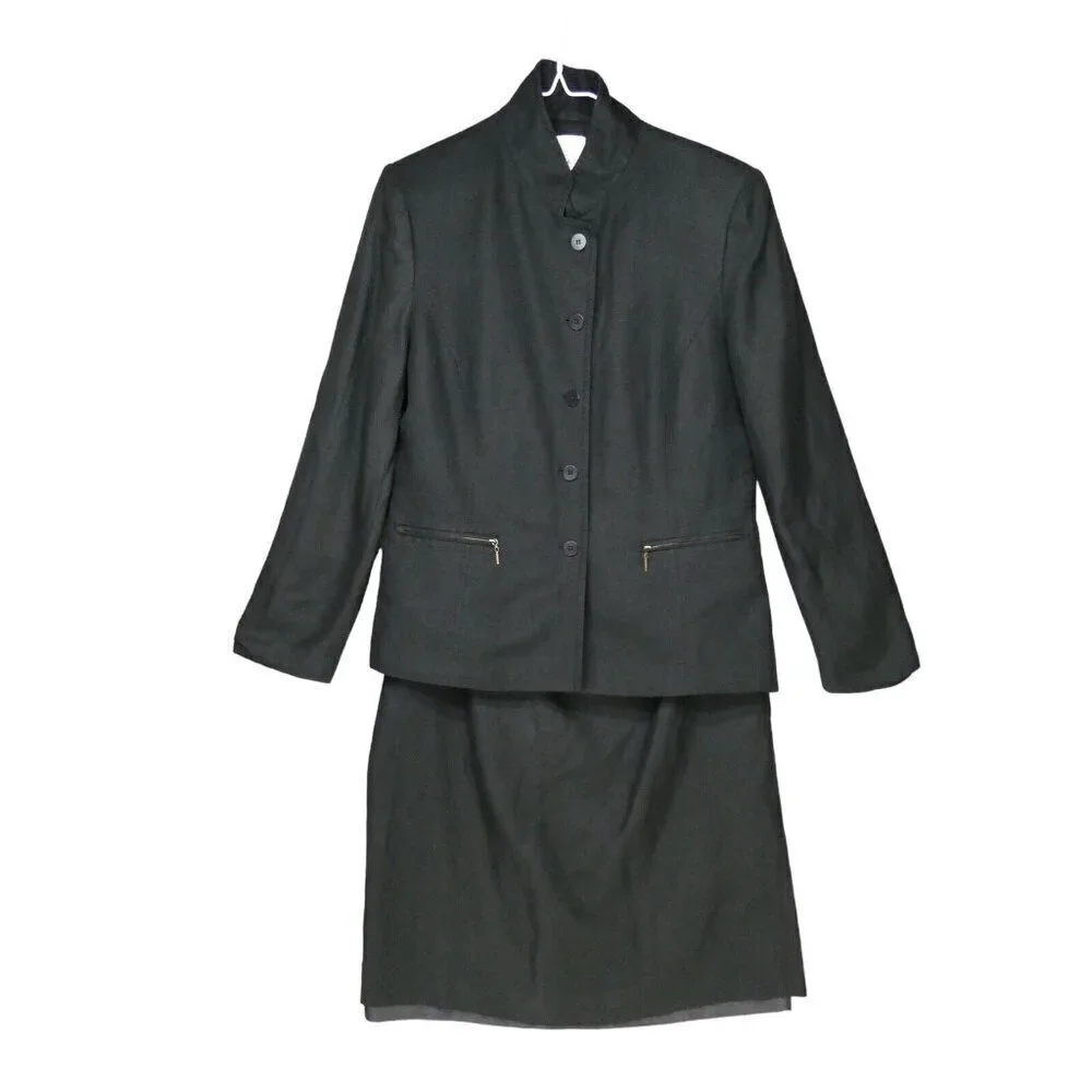 VTG Anne Klein Linen Blend Suit‎ SIZE 10 Skirt Blazer Jacket Zipper Pockets Work